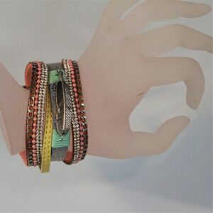 Feather Charm Faux Leather Wrap Bracelet Bling Multi Layer With Magnetic Clasp